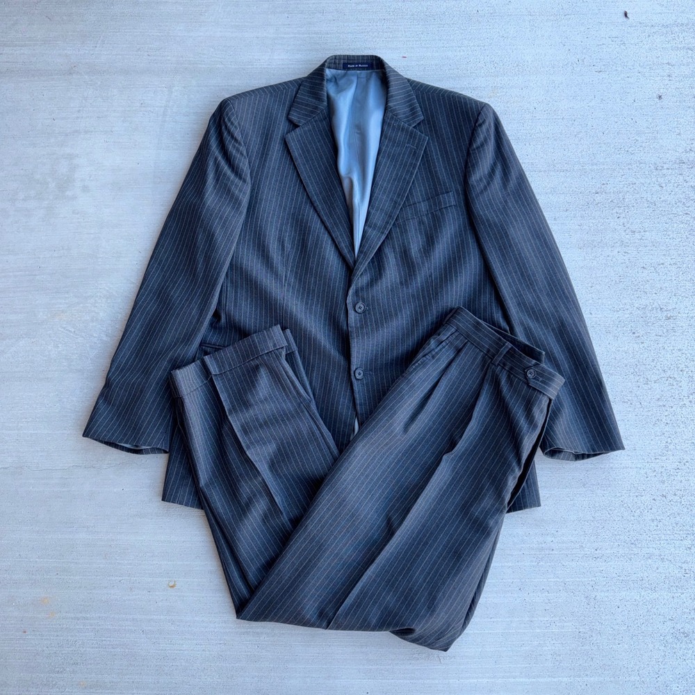 Lands' End Suit Set Mens 43R 37W Gray Pinstripe Wool 2-Button Pleated Cuffed